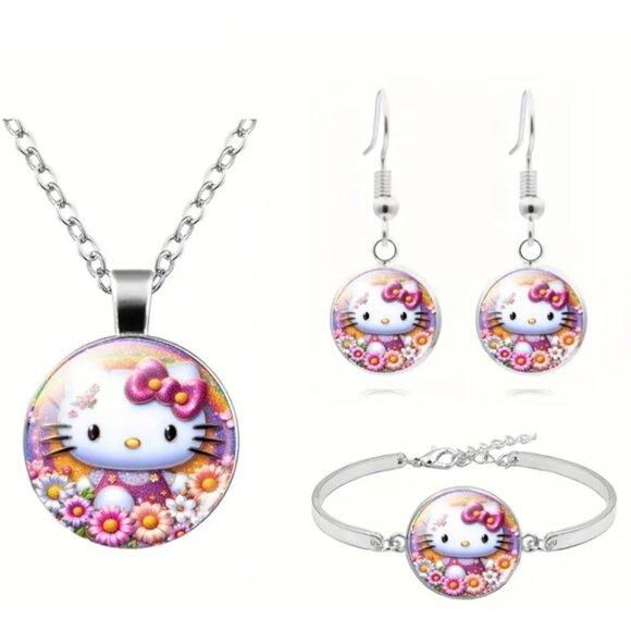 Hello Kitty 3Pc Jewelry Set Silver Pink Flower Accent Charm Bracelet Necklace - Picture 1 of 5